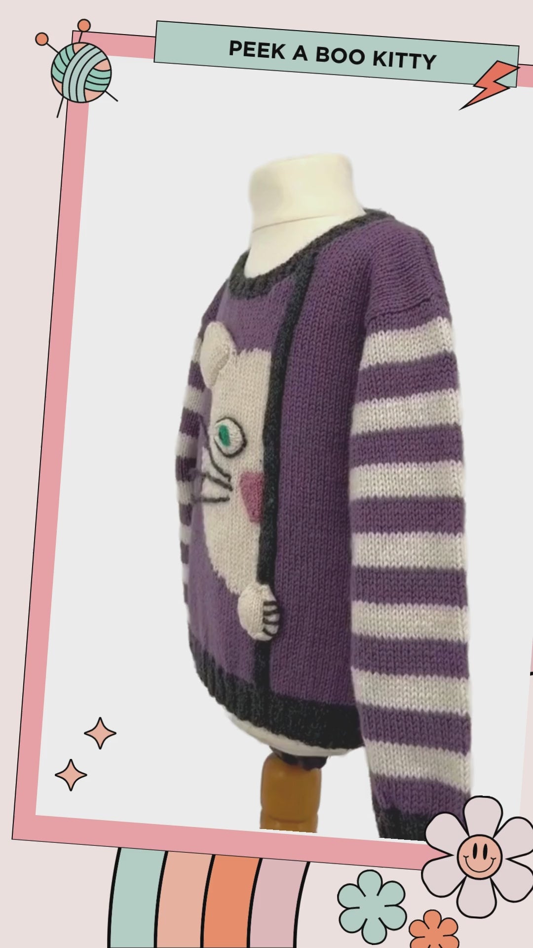 peek a boo kitty, cat jumper knitting pattern by jane burns, kids sweater knitting pattern download