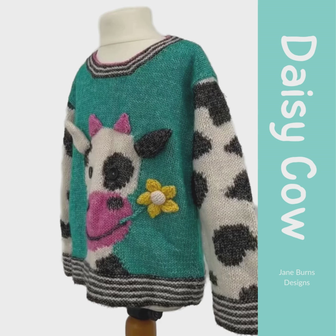 Daisy Cow Sweater with cow chewing on a daisy flower on the front, there are applique ears and horns, the sleeves are knit in black and white cow print. Kids jumper knitting pattern jane burns