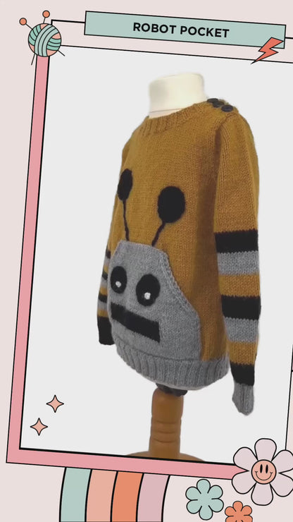 Robot Pocket Sweater, Kids Simple Robot Pocket Jumper - Knitting Pattern