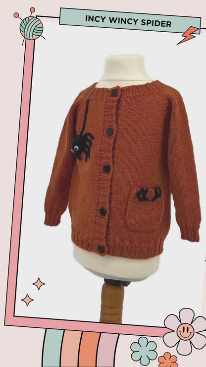 knitting pattern for easy kids cardigan, halloween spider cardigan for kids, knitting pattern by jane burns, halloween costume, 