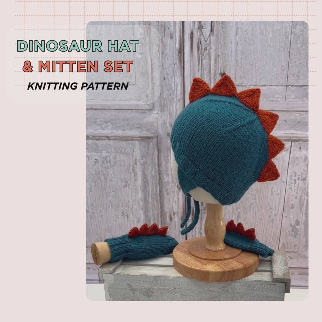 Dinosaur trapper hat and fingerless mittens knitting pattern for children, DK yarn, sizes 1 to 11 years
