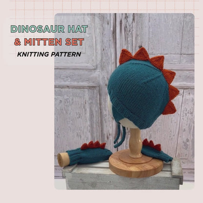 Dinosaur trapper hat and fingerless mittens knitting pattern for children, DK yarn, sizes 1 to 11 years