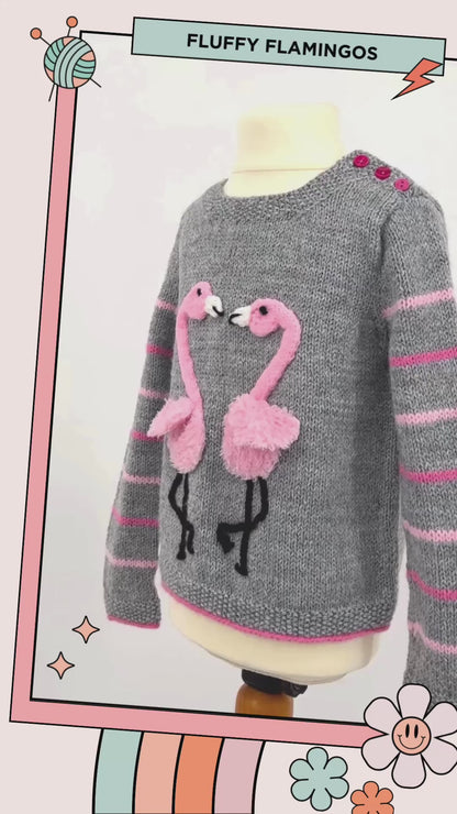 Fluffy Flamingos, Simple Kids Jumper with Applique Flamingos - Knitting Pattern