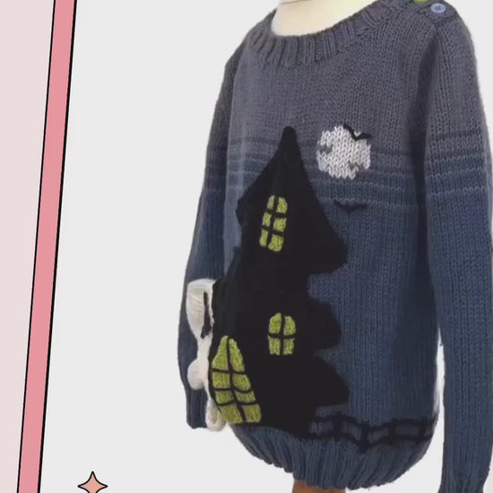 knitting pattern for a blue kids jumper, large black spooky ghost house on the front which has pockets, ghost mittens for child, dk yarn, kids sweater knitting pattern, spooky, halloween, halloween jumper