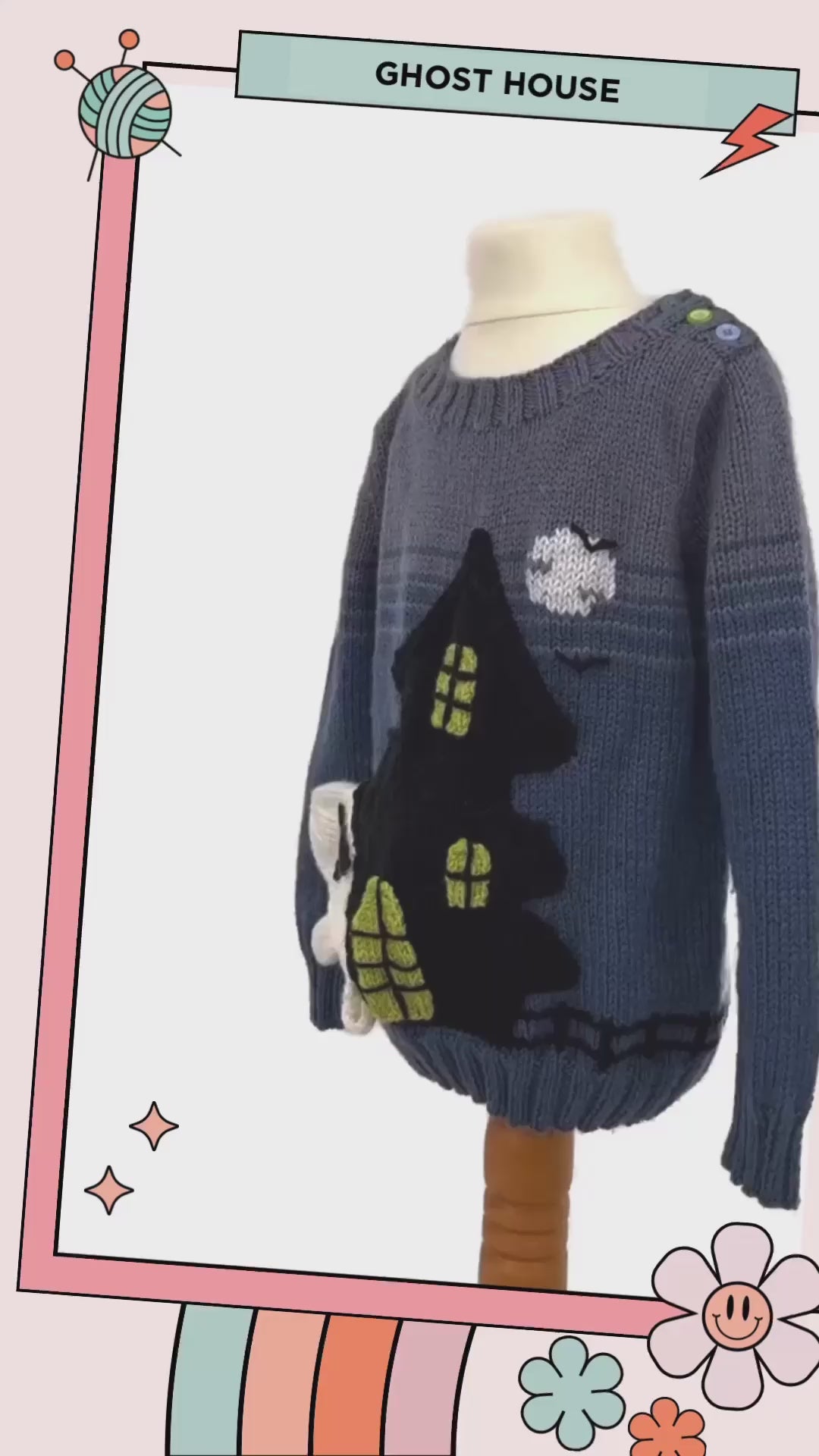 knitting pattern for a blue kids jumper, large black spooky ghost house on the front which has pockets, ghost mittens for child, dk yarn, kids sweater knitting pattern, spooky, halloween, halloween jumper