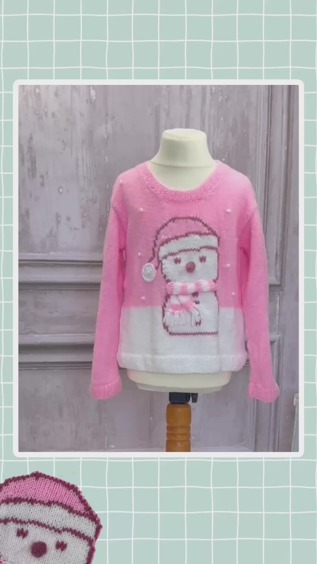 Girls pink Christmas jumper knitting pattern with an intarsia snowman in a bobble hat and stripy scarf, sizes 2 to 11
