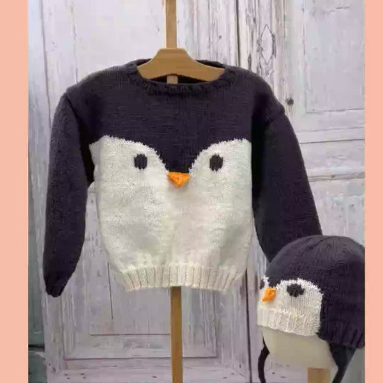 Video of the Waddles baby penguin jumper and aviator hat knitting pattern by Jane Burns