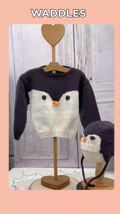 Video of the Waddles baby penguin jumper and aviator hat knitting pattern by Jane Burns