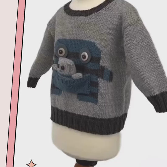 monster motif jumper with large pocket mouth and matching monster toy knitting pattern jane burns