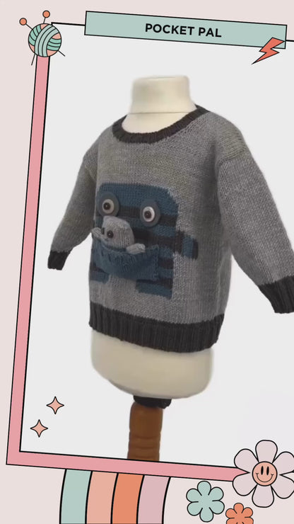 monster motif jumper with large pocket mouth and matching monster toy knitting pattern jane burns