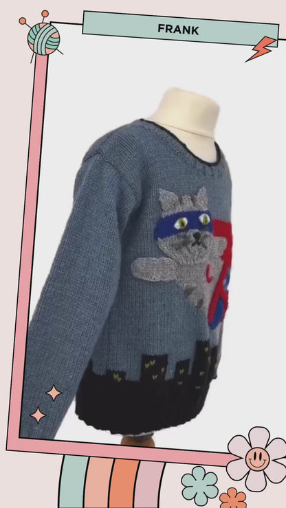 Frank the Super Cat, Kids Superhero Sweater - Knitting Pattern