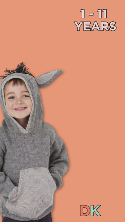 grey knitted hooded sweater with light grey kangaroo style pocket on the front, large donkey ears and a black mane create this cute donkey hoodie knitting pattern by jane burns