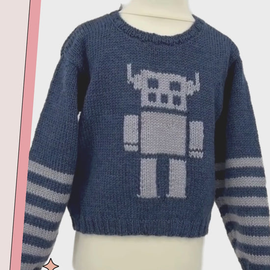 the robot kids sweater knitting pattern, boys and girls robot motif intarsia jane burns designs