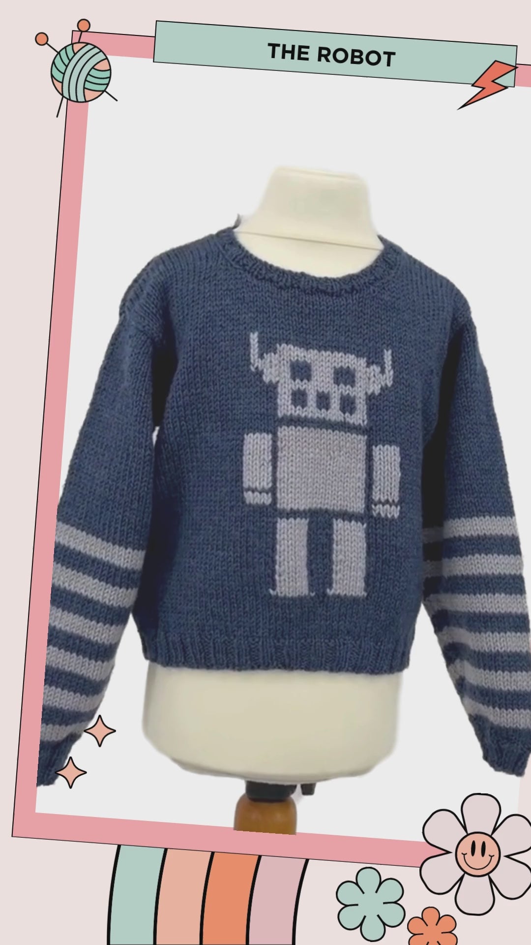 the robot kids sweater knitting pattern, boys and girls robot motif intarsia jane burns designs