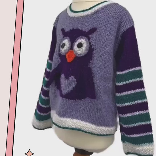 kids jumper pullover knitting pattern for an intarsia owl with large eyes and a love heart tummy, owl be good sweater jane burns