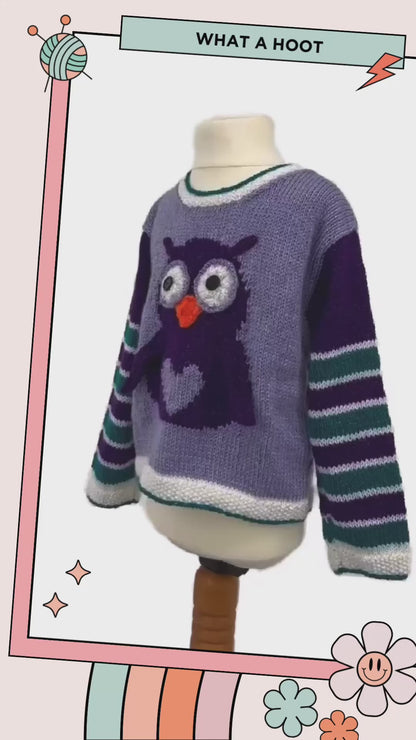 kids jumper pullover knitting pattern for an intarsia owl with large eyes and a love heart tummy, owl be good sweater jane burns