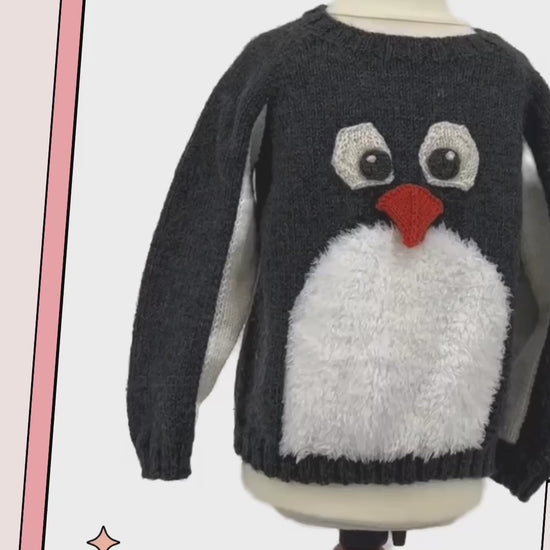 kids christmas jumper, penguin sweater knitting pattern for kids, intarsia jumper penguin motif, jane burns