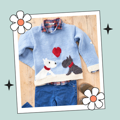 Puppy Love, Simple Intarsia Kids Dog Themed Jumper - Knitting Pattern