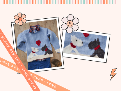 kids puppy love sweater pattern, dog motif jumper knitting pattern christmas valentines knit jane burns