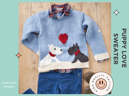 kids puppy love sweater pattern, dog motif jumper knitting pattern christmas valentines knit jane burns