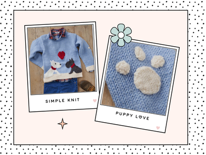 kids puppy love sweater pattern, dog motif jumper knitting pattern christmas valentines knit jane burns