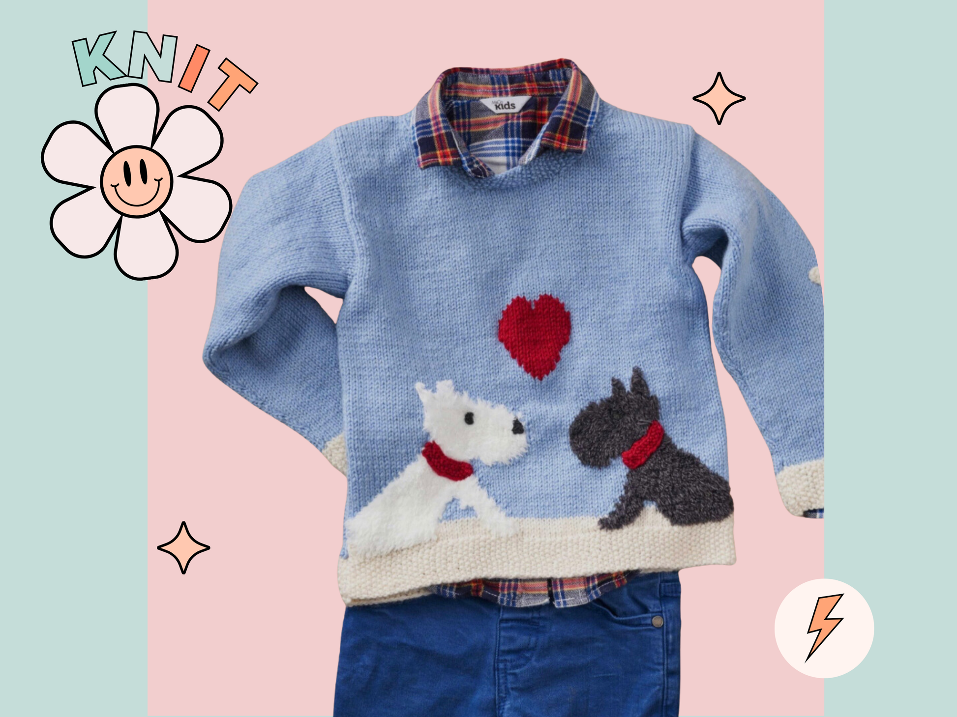 kids puppy love sweater pattern, dog motif jumper knitting pattern christmas valentines knit jane burns