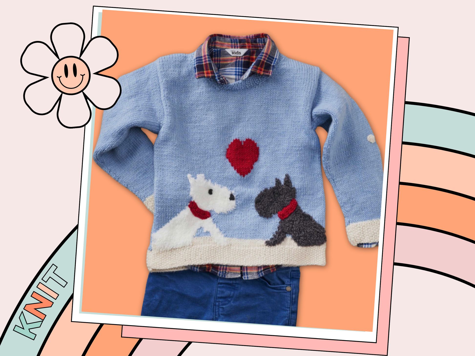 kids puppy love sweater pattern, dog motif jumper knitting pattern christmas valentines knit jane burns