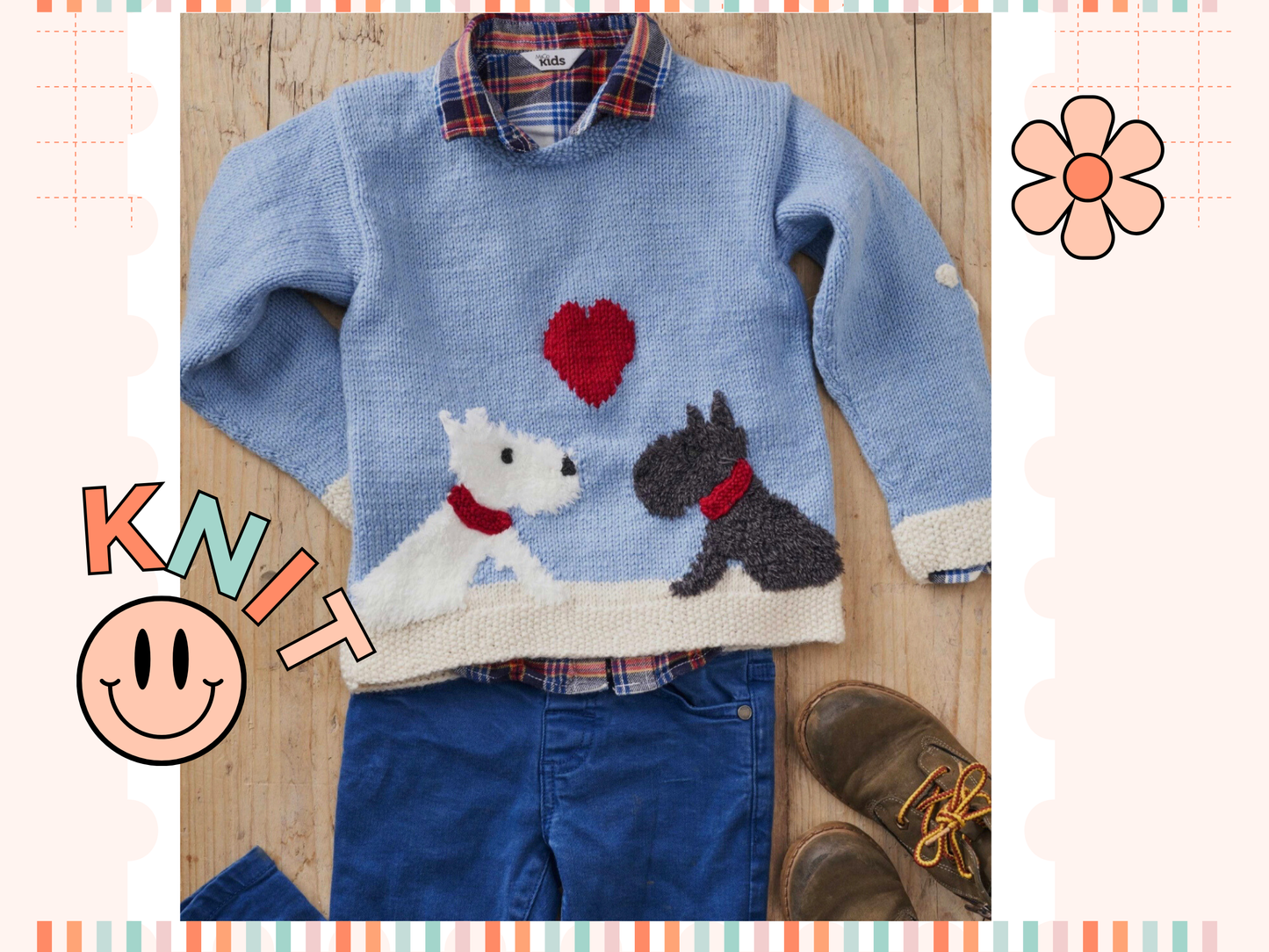 kids puppy love sweater pattern, dog motif jumper knitting pattern christmas valentines knit jane burns