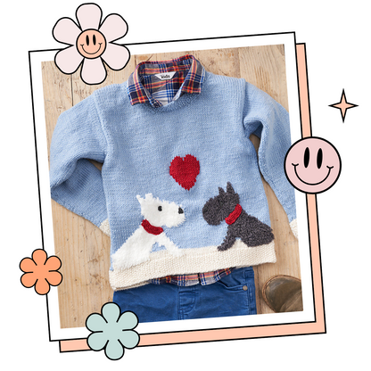 kids puppy love sweater pattern, dog motif jumper knitting pattern christmas valentines knit jane burns