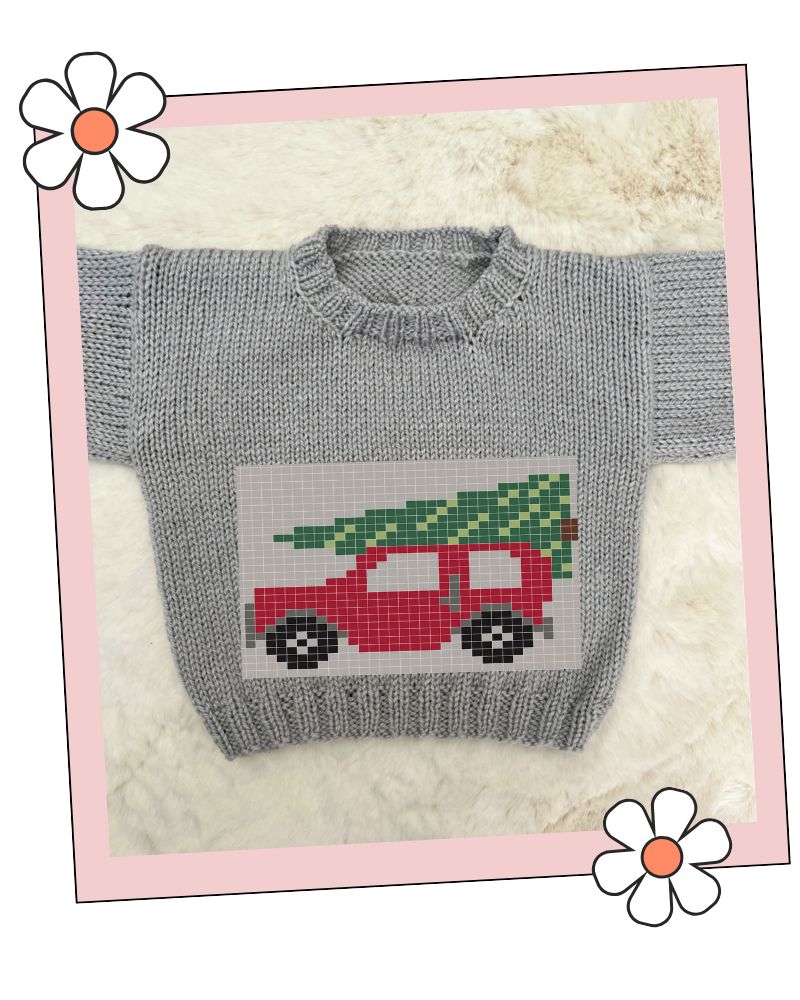 Little Red Christmas Car baby jumper knitting chart on finished jumper, Stylecraft Special DK, sizes 0-6 months to 4-5 years