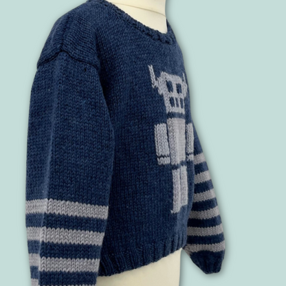 the robot kids sweater knitting pattern, boys and girls robot motif intarsia jane burns designs