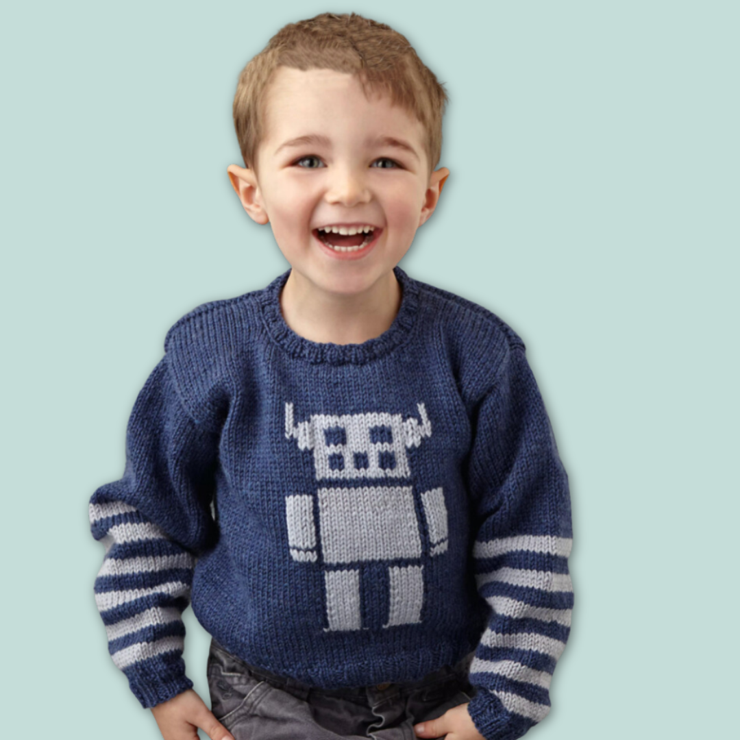 the robot kids sweater knitting pattern, boys and girls robot motif intarsia jane burns designs