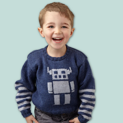 the robot kids sweater knitting pattern, boys and girls robot motif intarsia jane burns designs