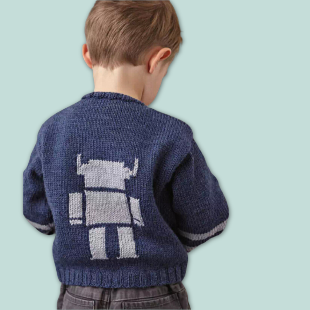 the robot kids sweater knitting pattern, boys and girls robot motif intarsia jane burns designs