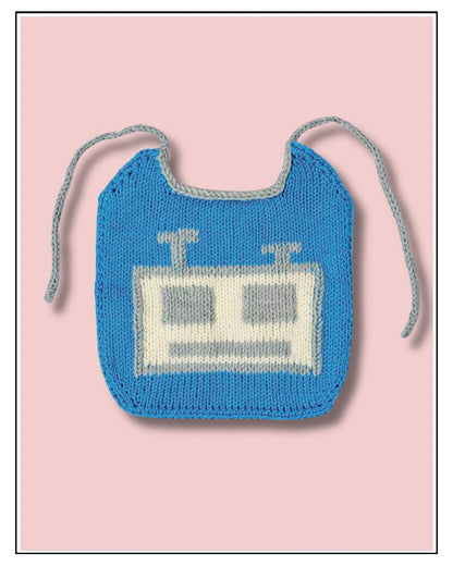 Robot baby bib knitting pattern, blue knitted bib with a cream and silver robot face and silver ties, on a pink background
