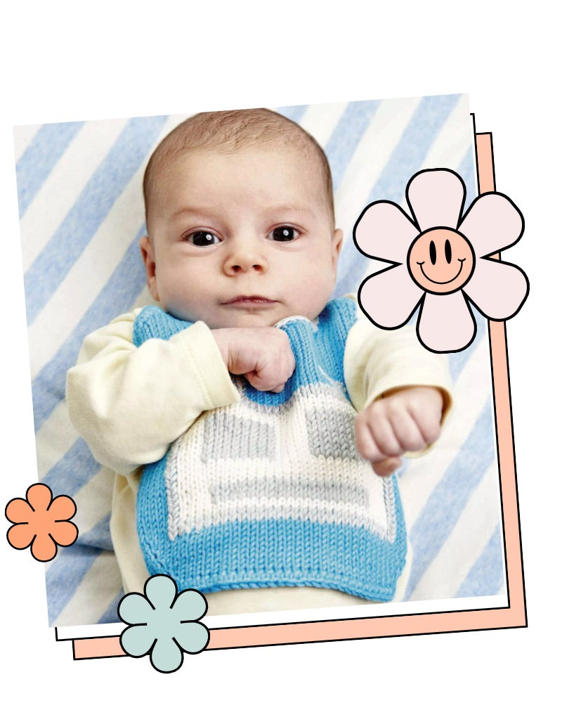 Baby wearing a blue knitted robot bib, a quick DK knitting pattern and a lovely new baby gift