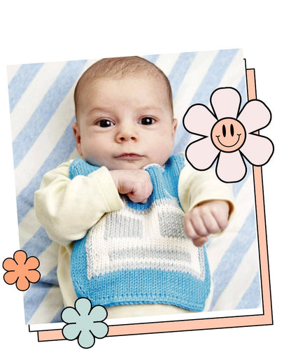 Baby wearing a blue knitted robot bib, a quick DK knitting pattern and a lovely new baby gift