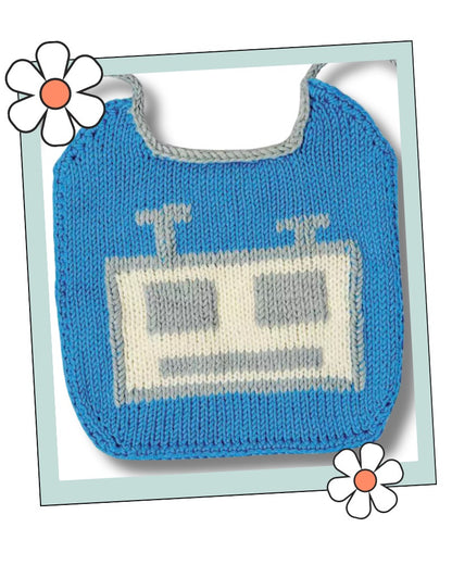 Hand knitted baby bib with an intarsia robot face, cream with silver eyes, mouth and antennae, in a decorative frame - knitting pattern jane burns
