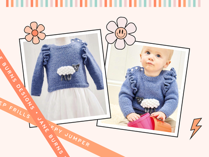 sheep frills, baby lamb frilly jumper knitting pattern jane burns