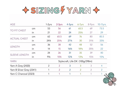 sizing table and yarn requirements for grey knitted hooded sweater with light grey kangaroo style pocket on the front, large donkey ears and a black mane create this cute donkey hoodie knitting pattern by jane burns