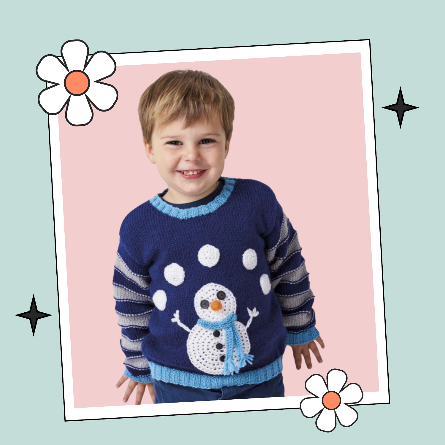 kids jumper with a knitted juggling snowman, knitting pattern, childs pullover