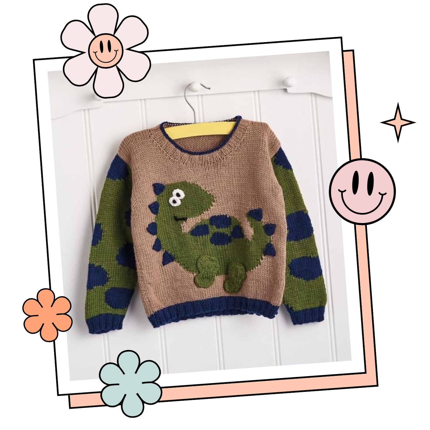 Dinosaur jumper knitting pattern, kids sweater with Dino motif and animal print sleeves. Intarsia knitting pattern for children’s jumper. Jane Burns Designs