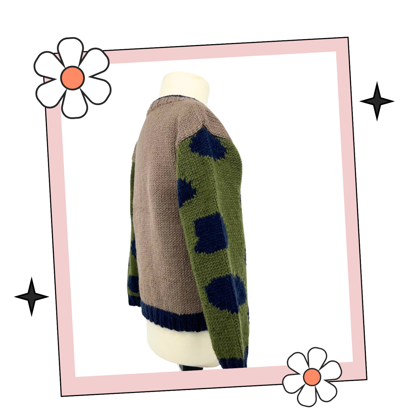 Dinosaur jumper knitting pattern, kids sweater with Dino motif and animal print sleeves. Intarsia knitting pattern for children’s jumper. Jane Burns Designs