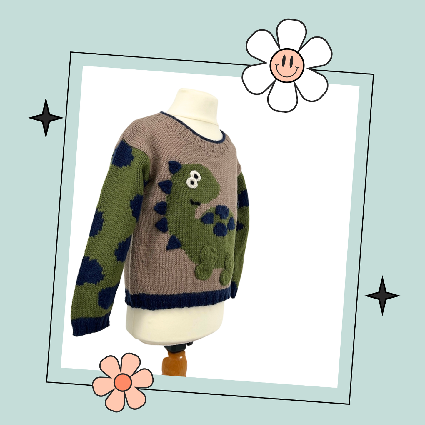 Dinosaur jumper knitting pattern, kids sweater with Dino motif and animal print sleeves. Intarsia knitting pattern for children’s jumper. Jane Burns Designs