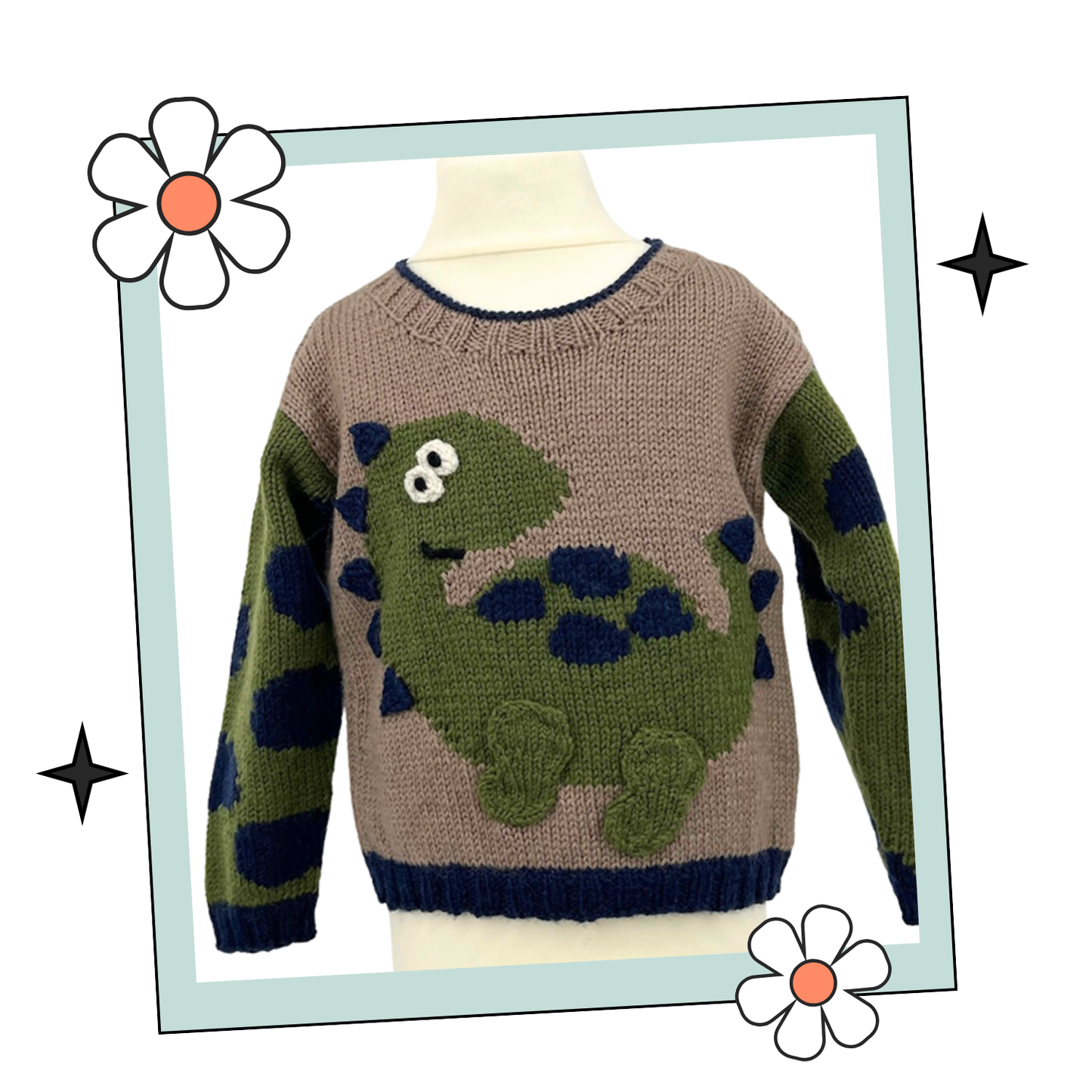 Dinosaur jumper knitting pattern, kids sweater with Dino motif and animal print sleeves. Intarsia knitting pattern for children’s jumper. Jane Burns Designs