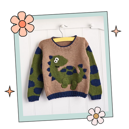 Stomp like a Dinosaur Sweater, Kids Intarsia DIno Themed Jumper - Knitting Pattern