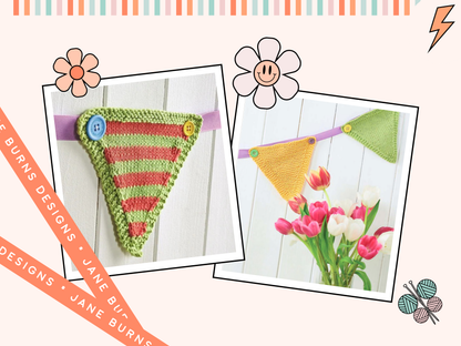 Happy Days Bunting knitting pattern, colourful striped intarsia triangles on ribbon with buttons