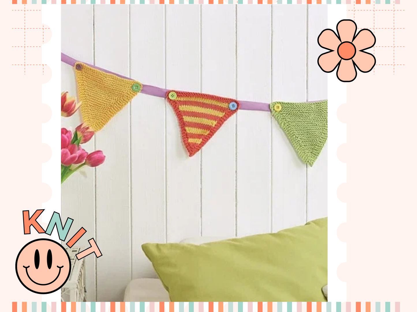 Home decor knitted bunting pattern, garter stitch and plain triangles in yellow and green DK yarn 