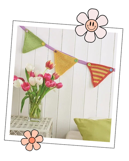 Knitted triangle bunting pattern PDF, three styles in DK yarn, plain, striped and garter stitch