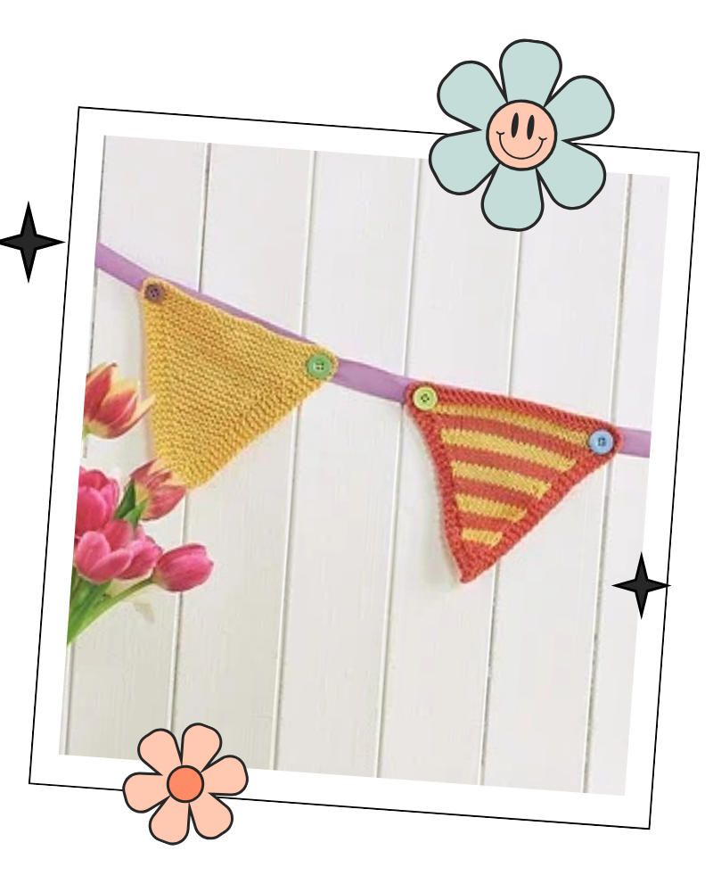 Happy Days Bunting knitting pattern, colourful striped intarsia triangles on ribbon with buttons